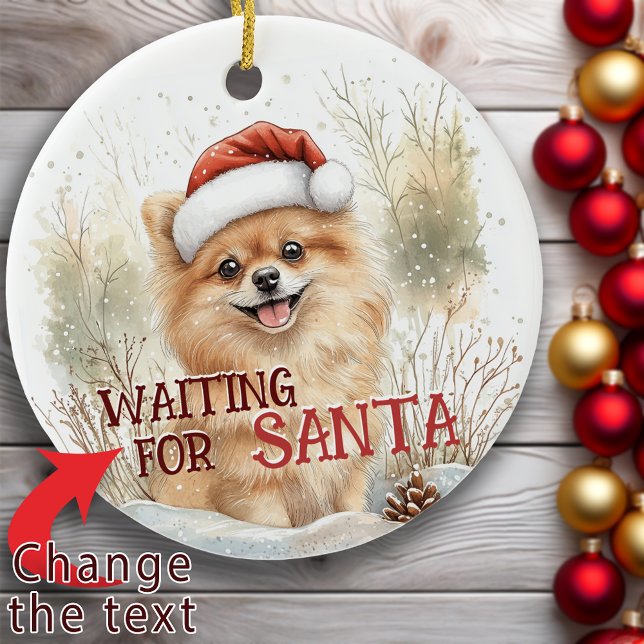 Adorno De Cerámica Pomerania Esperando A Los Navidades De Perro De Sa (Pomeranian Waiting For Santa Snowy Dog Christmas Ceramic Ornament)