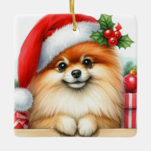 Adorno De Cerámica Pomerania personalizada con un Sombrero Santa