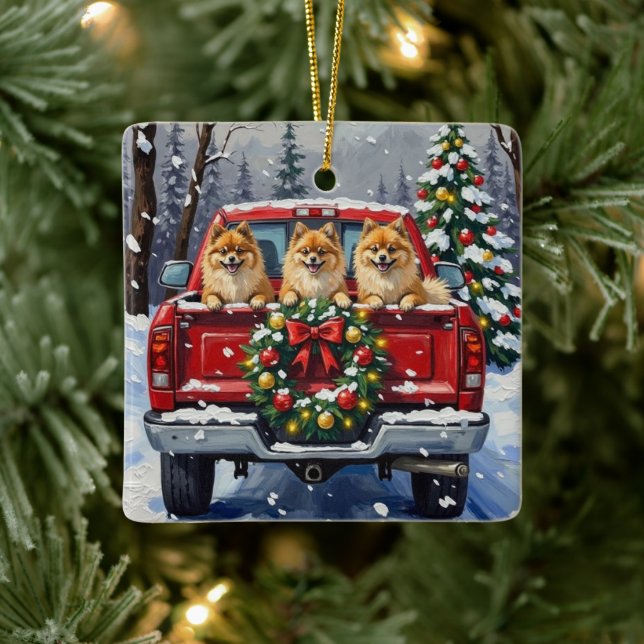 Adorno De Cerámica Pomeranian Christmas Red Truck Holiday Gift (Árbol)