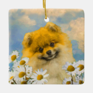 Adorno De Cerámica Pomeranian en las margaritas que pintan - arte