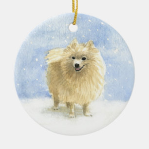 Adorno De Cerámica Pomeranian Eskie en la nieve