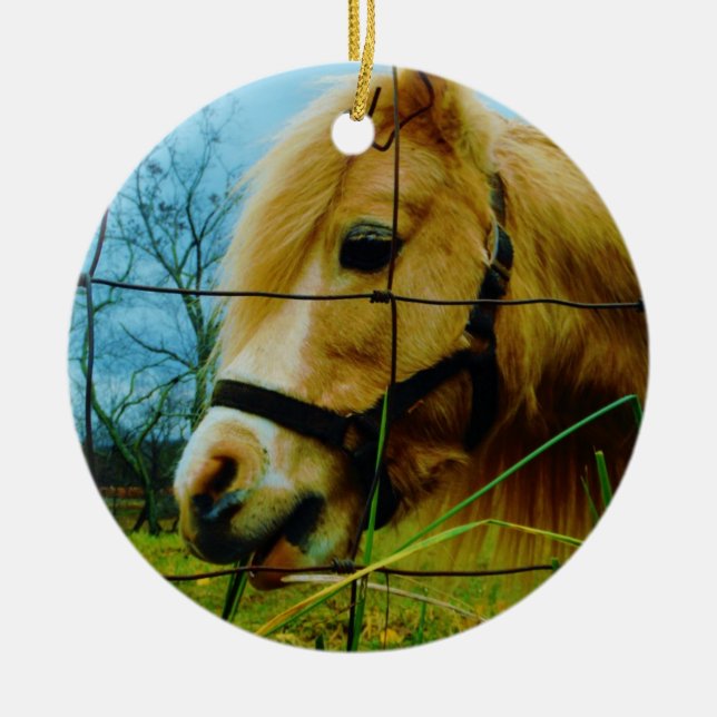 Adorno De Cerámica Pony en miniatura rubia / cielo azul de caballo (Frente)