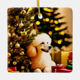 Adorno De Cerámica Poodle bajo árbol de Navidad