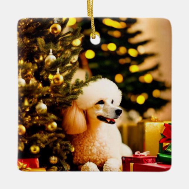 Adorno De Cerámica Poodle bajo árbol de Navidad (Anverso)