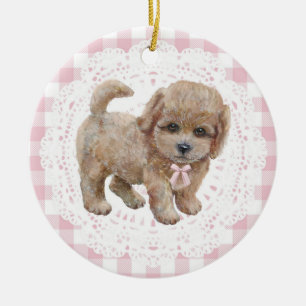Adorno De Cerámica Poodle Coqueta Perro Lazos de Cuadros Rosados