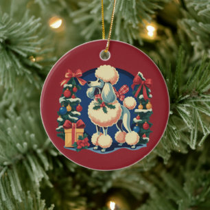 Adorno De Cerámica Poodle de Navidad Retro Vintage años 50 Perro de V