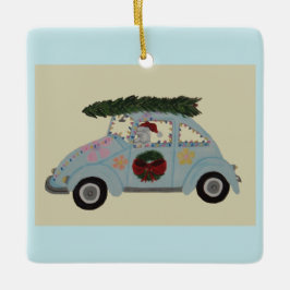 Adorno De Cerámica Poodle en Coche Hippie en Navidad