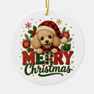 Adorno De Cerámica Poodle lindo Feliz Navidad