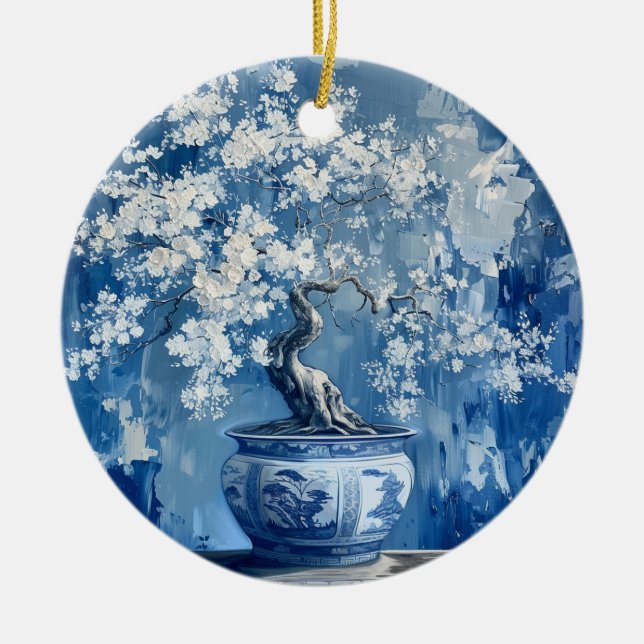 Adorno De Cerámica Porcelana azul y blanca Chinoiserie Cherry (Frente)