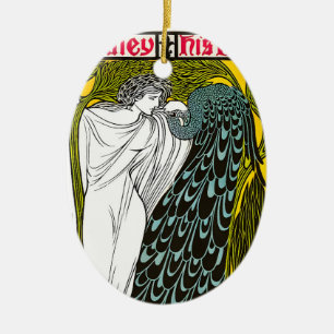 Adorno De Cerámica Póster Antiguo Art Nouveau Mujer y Pavo Real
