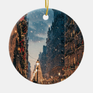 Adorno De Cerámica Póster de Navidad con nieve en la ciudad de Nueva