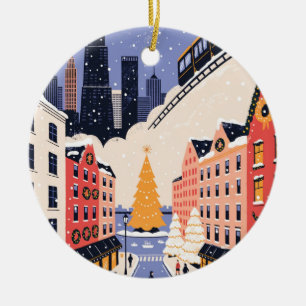 Adorno De Cerámica Póster de viaje retro de Navidad de Chicago