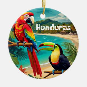 Adorno De Cerámica Póster vintage de viaje a Honduras con guacamayo y
