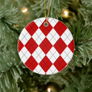 Adorno De Cerámica Preppy Argyle Tartán Diamond Plage rojo blanco