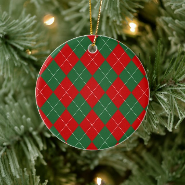 Adorno De Cerámica Preppy Argyle Tartán Diamond Plage Verde Rojo (Árbol)