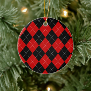 Adorno De Cerámica Preppy Argyle Tartán Diamond Plantado Rojo Negro