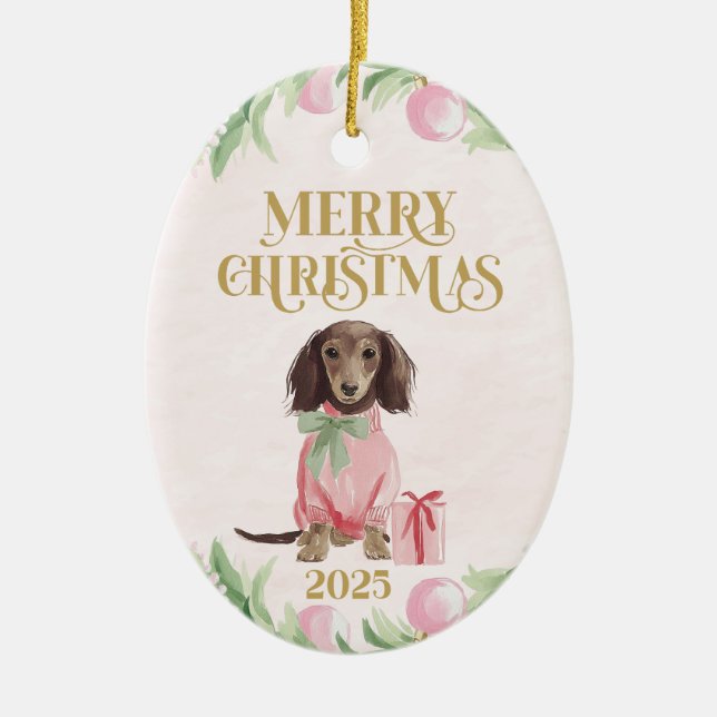 Adorno De Cerámica Preppy Pink Dachshund Christmas Ornament (Frente)