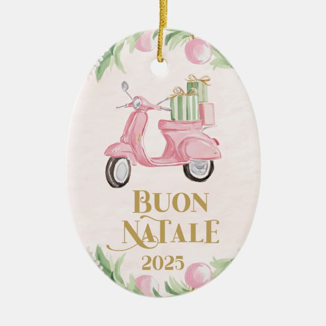 Adorno De Cerámica Preppy Pink Moped Buon Natale Christmas Ornament (Frente)