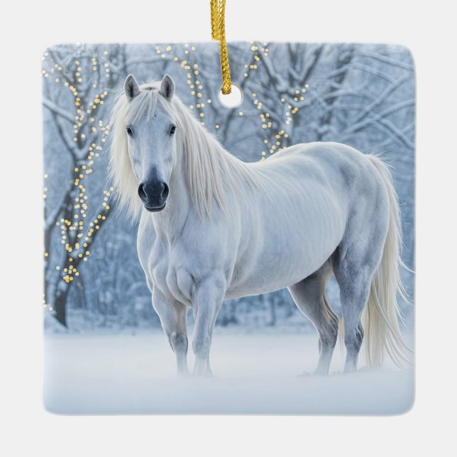 Adorno De Cerámica Pretty Christmas White Horse Snow Lights (Anverso)