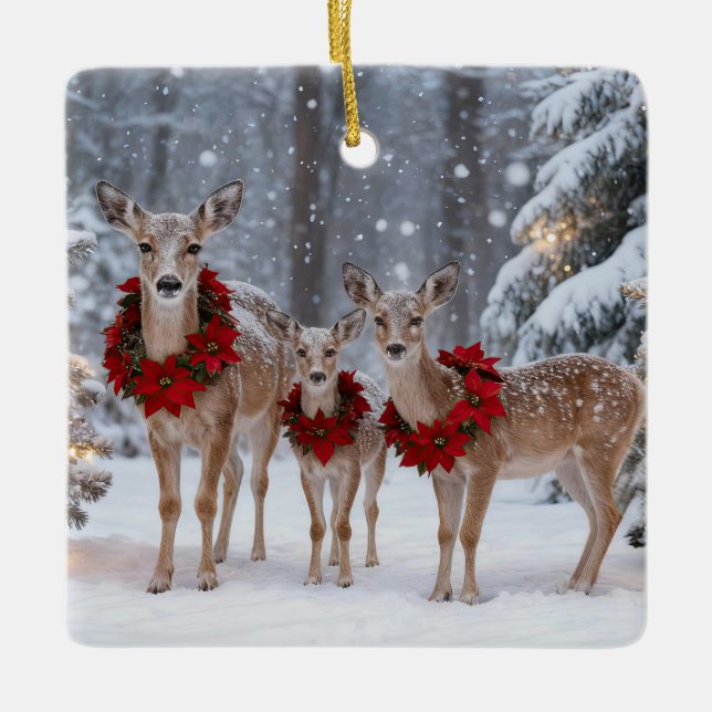 Adorno De Cerámica Pretty Deer Family Wreath Tree (Anverso)
