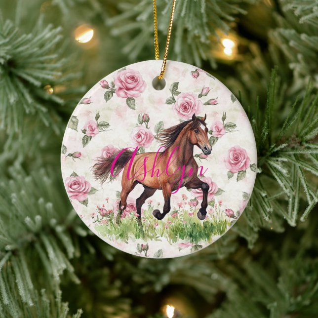 Adorno De Cerámica Pretty Pink Roses Horse Christmas (Árbol)