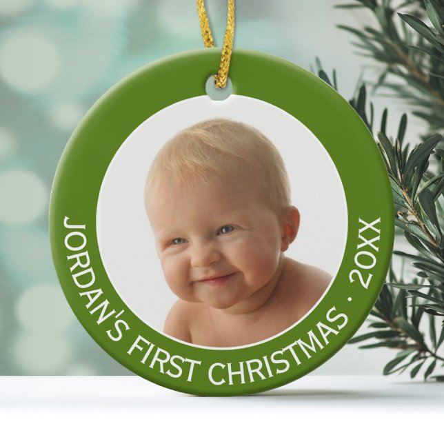 Adorno De Cerámica Primer año y nombre personalizado de foto navideña (Personalized Photo Ornament - First Christmas)