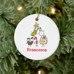 Adorno De Cerámica Primer árbol de Navidad del bebé personalizado<br><div class="desc">La decoración de este colgante de cerámica Navidad personalizada incluye el "equipo de Navidades". Un grupo de lindos personajes de Navidades pequeños que adoran divertirse y hacer travesuras a los Navidades. El equipo incluye a Snowman,  Navidades Stocking,  Star,  Navidades Pudding,  Present y Candy Cane.</div>