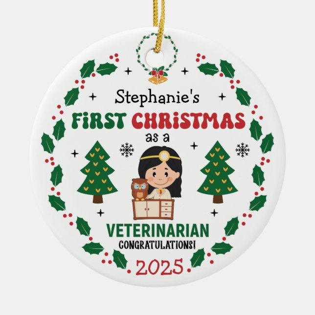 Adorno De Cerámica Primer árbol de Navidad veterano personalizado (Frente)