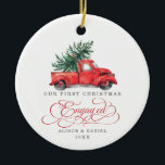 Adorno De Cerámica Primer árbol de pino preBoda de Navidad comprometi<br><div class="desc">Este adorno navideño inspirado por la vintage presenta un precioso ilustracion acuático de un camión rojo con un pino. Los campos de texto son completamente editables excepto para la palabra "Engaged" (Involucrado). Simplemente elimine esta palabra haciendo clic en el botón borrar y agregue su propio texto si necesita una palabra...</div>