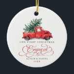 Adorno De Cerámica Primer árbol de pino preBoda de Navidad comprometi<br><div class="desc">Este adorno navideño inspirado por la vintage presenta un precioso ilustracion acuático de un camión rojo con un pino. Los campos de texto son completamente editables excepto para la palabra "Engaged" (Involucrado). Simplemente elimine esta palabra haciendo clic en el botón borrar y agregue su propio texto si necesita una palabra...</div>