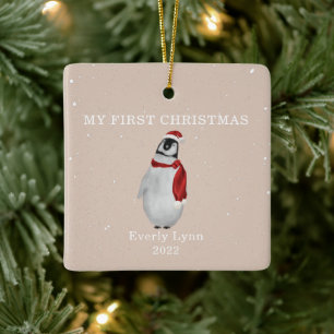 Adorno De Cerámica Primer bebé de Navidad Pingüino Nieve rosa
