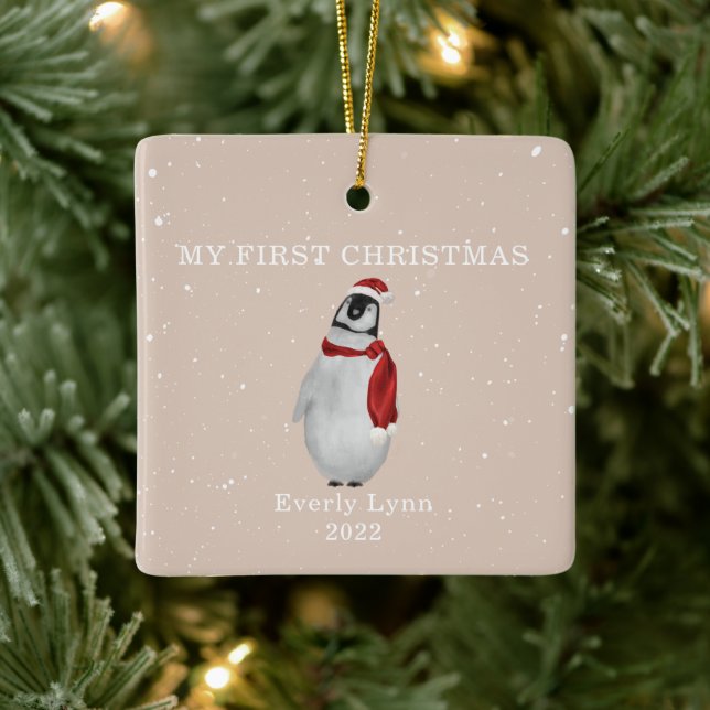Adorno De Cerámica Primer bebé de Navidad Pingüino Nieve rosa (Árbol)