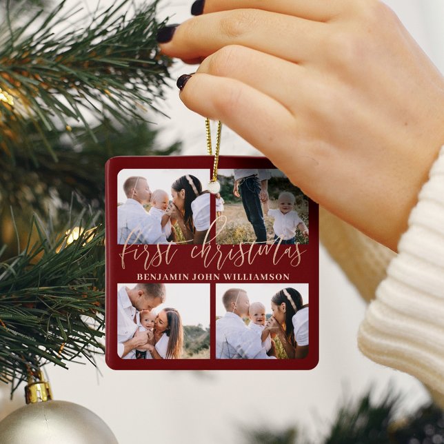 Adorno De Cerámica Primer bebé navidad Red Gold Script Cuatro fotos (Baby First Christmas Red Gold Script Four Photo Ceramic Ornament)