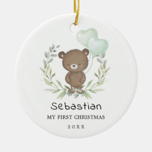 Adorno De Cerámica Primer bebé primer Navidad Cute Teddy Bear verde