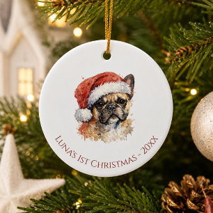 Adorno De Cerámica Primer Bulldog Francés Navidad acuarela