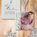 Adorno De Cerámica Primer Ce de copos de nieve con foto vertical para<br><div class="desc">Ornamento de fotos de la Primera Navidad del Bebé con foto vertical, caligrafía elegante y delicados copos de nieve blancos en un borde gris plateado. La plantilla de la foto está lista para que añada la foto, el nombre del bebé, el año y el texto de su personalizado en la...</div>