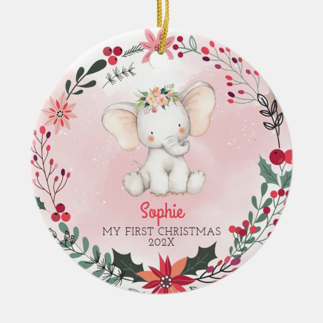 Adorno De Cerámica Primer Chica del bebé elefante de Navidad con nomb (Frente)