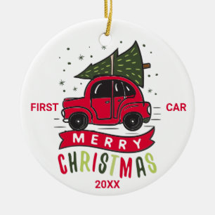 Adorno De Cerámica Primer Coche Feliz Navidad Coche Rojo Árbol Texto
