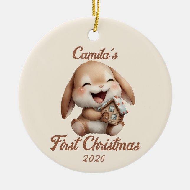 Adorno De Cerámica Primer conejo navideño del bebé personalizado (Frente)