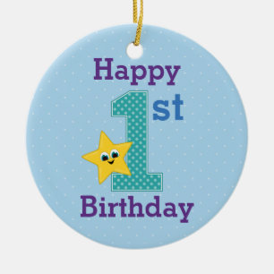 Adorno De Cerámica Primer Cumpleaños Niño, Azul con Estrella Amarilla