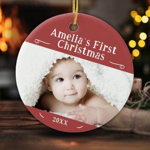 Adorno De Cerámica Primer ébano de Navidad simple rojo foto Keepsake