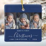 Adorno De Cerámica Primer guión de foto de la marina de Navidades del<br><div class="desc">Ayúdenlos a conmemorar la primera Navidad de sus nietos con este hermoso adorno moderno de keepsake. El texto blanco dice "Primera Navidad del bebé", con la palabra "Navidades" en un elegante guión de escritura a mano con flores antes y después sobre un fondo azul marino. Reemplace las tres imágenes de...</div>