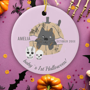Adorno De Cerámica Primer Halloween de bebé Gato Rosa Calabaza Cráneo