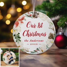 Adorno De Cerámica Primer invierno navideño Marfil Floral Wreath Foto