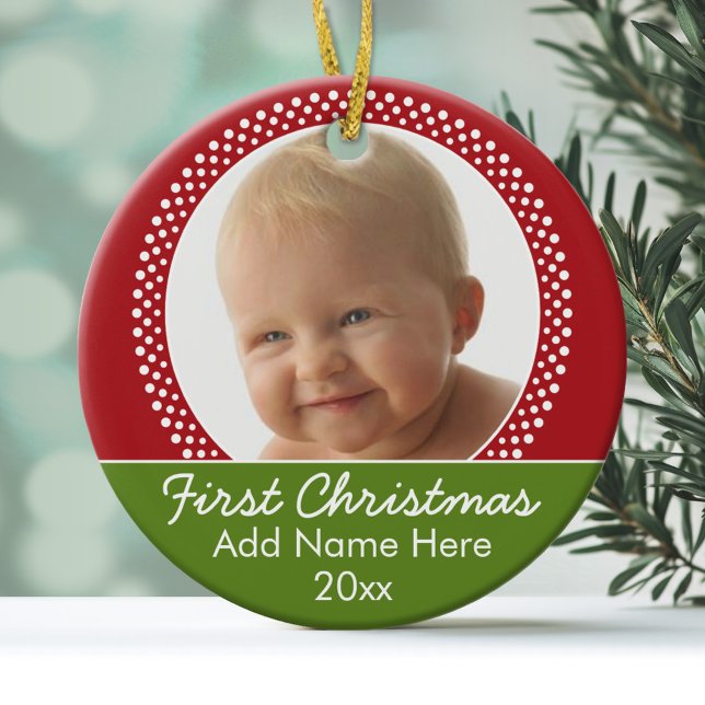 Adorno De Cerámica Primer marco fotográfico navideño del bebé - rojo  (Personalized Photo Ornament)