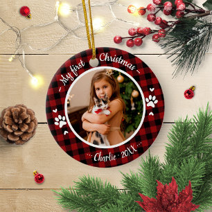 Adorno De Cerámica Primer Mascota de Navidad Foto Rustic Buffalo Chec