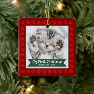 Adorno De Cerámica Primer Mascota de Navidad Kitten Photo Paws Person