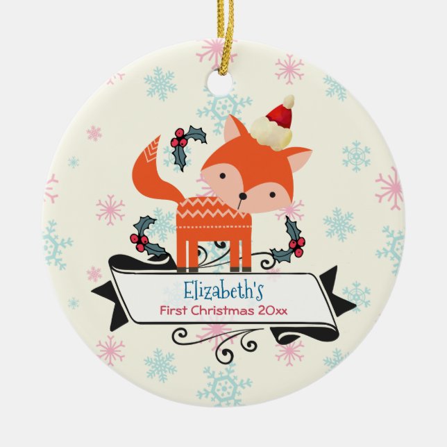 Adorno De Cerámica Primer Naranja de Navidad Fox en Santa Hat Persona (Frente)