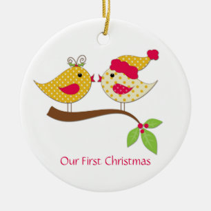 Adorno De Cerámica Primer Navidad Amarillo Lunares Pájaros del Amor