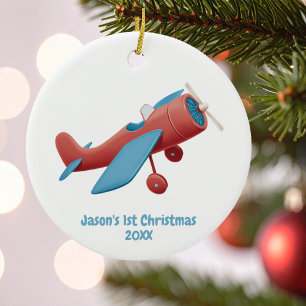 Adorno De Cerámica Primer Navidad Avión Antiguo Rojo Azul Piloto Niño